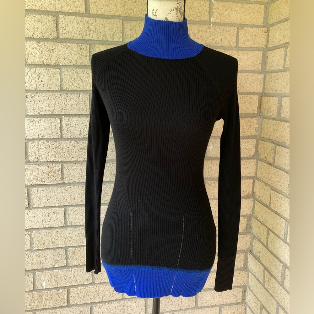 Rag & Bone Extra Fine Merino Wool Turtle Neck Tunic Black & Blue Ribbed Sweater